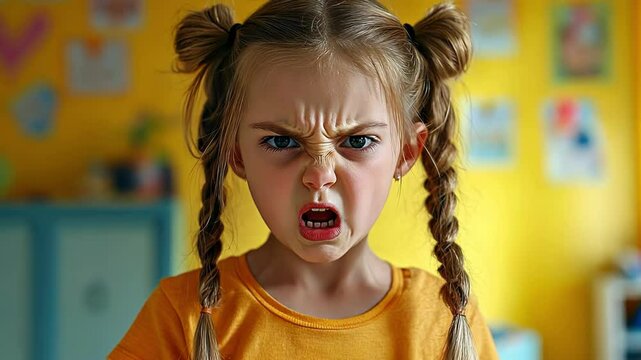 A young girl with pigtails displays an angry and frustrated facial expression.