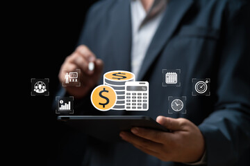 Budget Planning and Financial Management concept, Businessman analyses the budget of the company, Time management, Financial, Data, Strategy, Sales, Process Improvement Planning schedule and targets