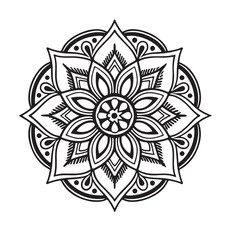 Intricate Mandala Design Symmetrical Floral Pattern in Black and White Line Art