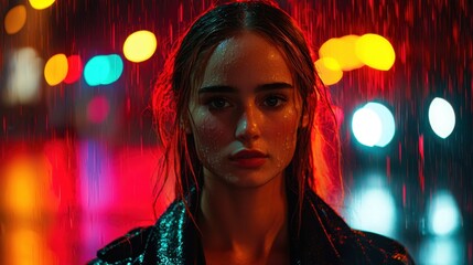 Fototapeta premium Young woman stands in the rain at night, illuminated by colorful city lights in a vibrant urban setting