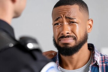 A crying man with tears streaming down his face, a police officer's shoulder in the foreground, comforting the distraught individual.