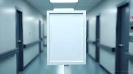 Blank empty white picture frame mockup in a hospital corridor guidance or announcements yet to come. Generated ai 