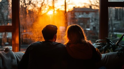 Obraz premium Tranquil Moment of Connection: Couple on Cozy Couch at Golden Hour with Bokeh Effect, Back View Environmental Portrait