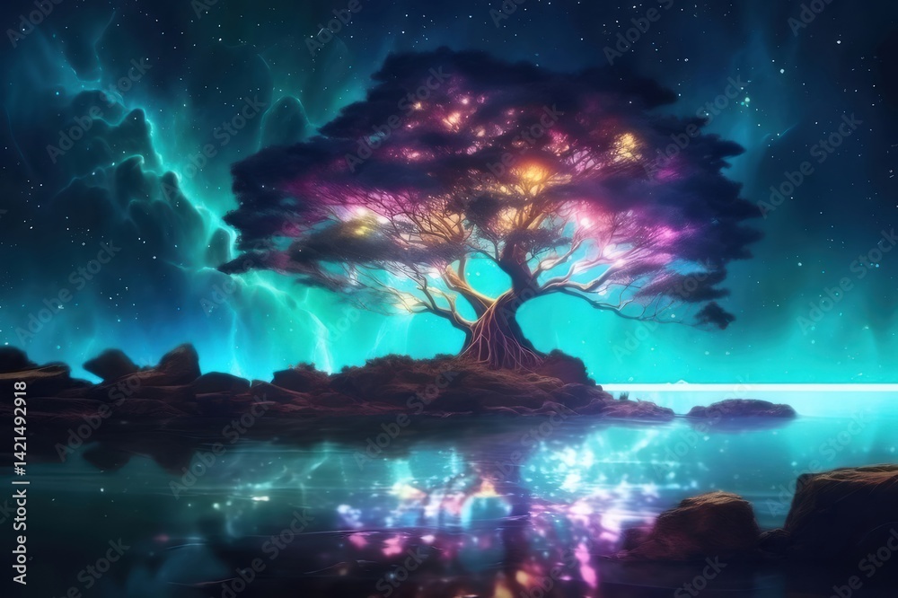 Poster 夜空の下 湖面に映る光輝く木 幻想的な風景 青緑紫の鮮やかな色彩と星の輝き 美しい光景
