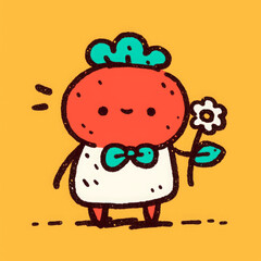 Naklejka premium Cute cartoon character holding flower, featuring strawberry design with cheerful expression