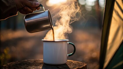 road trip adventure camping gear travel inspiration Concept. Pouring hot coffee into a mug outdoors with steam rising in a natural setting.