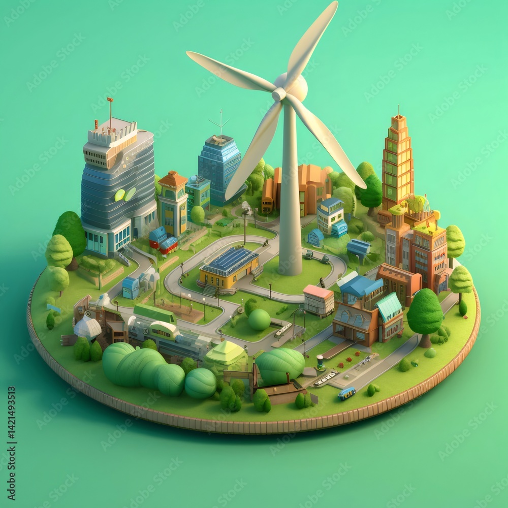 Poster ミニチュア都市の風力発電機 緑豊かな芝生とカラフルな建物 環境に優しいエネルギーコンセプト