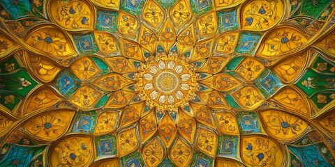 Obraz premium Ornate patterned ceiling shows radiating floral designs in golden hues