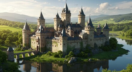 Fototapeta premium Majestic castle reflecting in tranquil waters amidst lush greenery and rolling hills