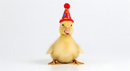 Duckling Wearing Party Hat Smiling on White Background
