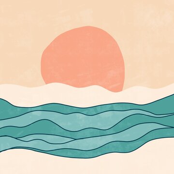 Abstract minimalistic ocean waves and sun illustration in summer