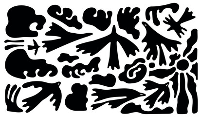 Stylish abstract vector in groovy 70s style with flying birds, ocean vibes, clouds and sun. Black doodles for summer posters, prints, fashion, editorial, digital content and vacation visuals.