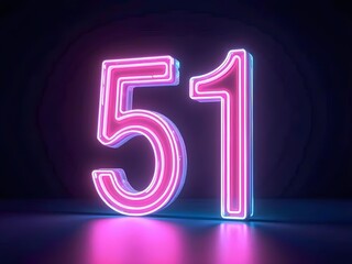 3d neon light number 51 glowing in the dark, pink blue neon light