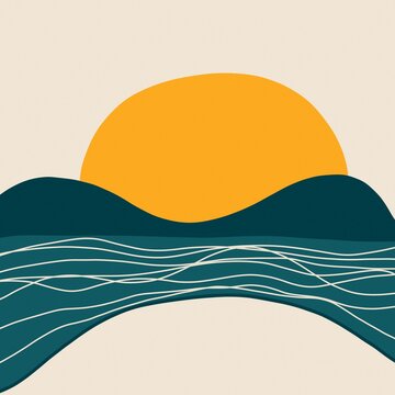 Abstract sunset landscape with waves poster art print at summer