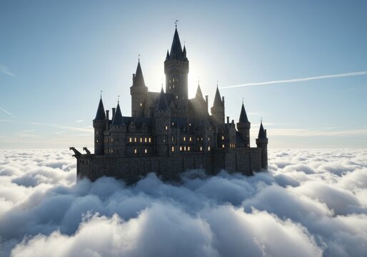 Majestic castle soaring above clouds in a dreamlike sky atmosphere