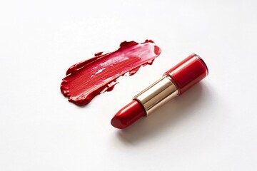 A photograph of a red lipstick tube and smeared lipstick