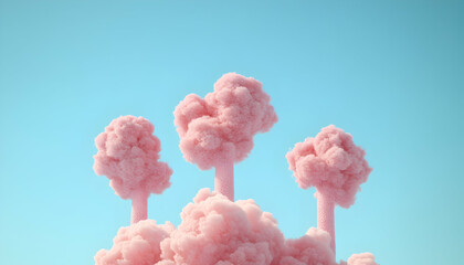 Obraz premium Surreal pink cotton candy trees on fluffy clouds against a pastel blue sky; whimsical, dreamy, artistic image.