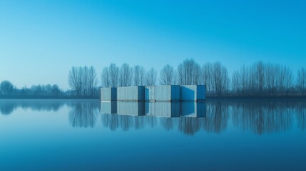Fototapeta premium Serene Blue Water, Shipping Containers, Winter Trees Reflection