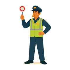 Flat style male traffic police officer with stop sign – vector illustration for law enforcement, road safety, and traffic control