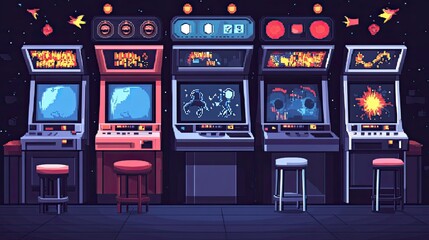 Retro Arcade Games Night Pixel Art: Nostalgic 80s Gaming Scene with Five Classic Pixelated Arcade Machines