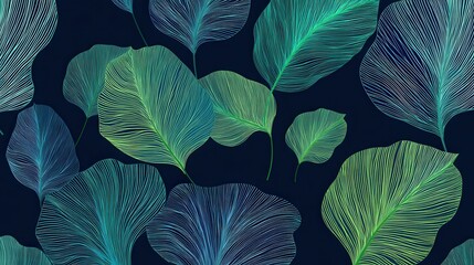 Verdant ginkgo leaves overlapping in rhythmic pattern, forming elegant botanical design with deep green and blue hues against dark backdrop