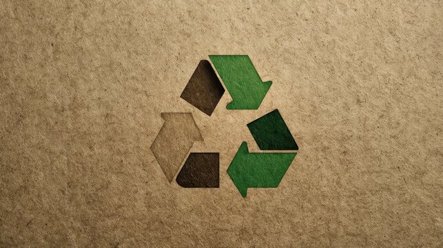 Green recycling symbol carved into cardboard, representing environmental awareness and commitment to sustainable waste management practices