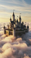 Obraz premium Majestic castle floating amidst a sea of clouds, a symbol of fantasy and dreams