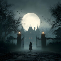 A lone figure approaches a gated mansion under a full moon with bats flying in the night sky above