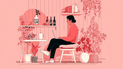 Woman Working on Laptop in Cozy Indoor Space with Plants