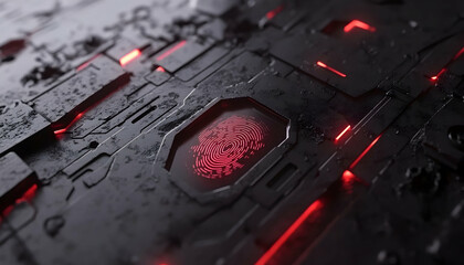 Futuristic biometric security system; abstract red fingerprint on dark, textured metallic surface with glowing lines.