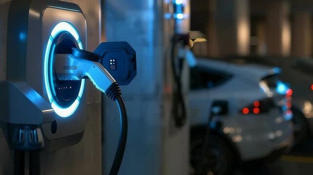 Close-up of an EV charging station illuminated with blue light, connected to a modern white car. The charging unit is mounted on a wall in an indoor parking garage setting, signaling sustainability. - Powered by Adobe