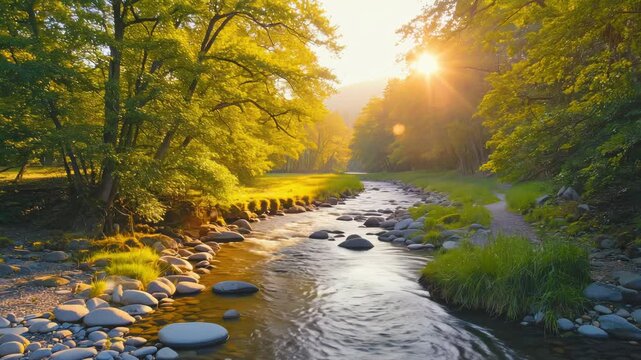 Sunny stream winding through lush forest.