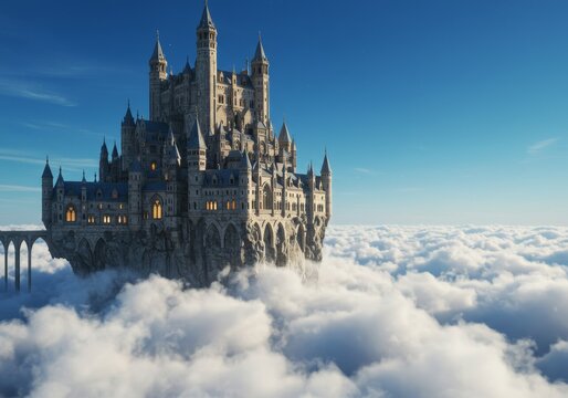 Majestic castle floating above a sea of clouds under a serene azure sky