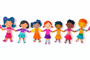 Fototapeta premium Colorful flat vector of paper chain dolls holding hands. Represents unity, diversity, and celebration for International Children’s Day visuals