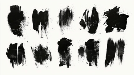 Ten textured black ink brushstrokes on a clean white paper background...