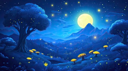 Obraz premium Enchanted Moonlight Landscape: A Dreamlike Night Scene with Glowing Mushrooms and Fireflies