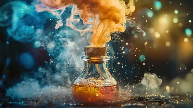 A magical elixir in a glass bottle erupts in colorful smoke.