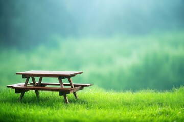 Wooden picnic table in grassy field