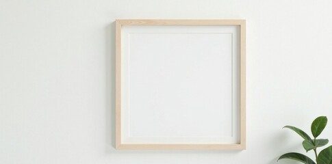 Hanging white wooden photo frame against a white wall Clean and simple aesthetic , white background, clean