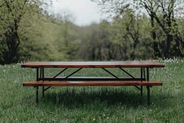 Obraz premium Wooden picnic table in grassy field (2)