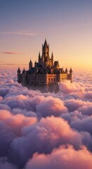 Fototapeta premium Majestic castle suspended above a sea of fluffy clouds illuminated by the soft glow of dusk