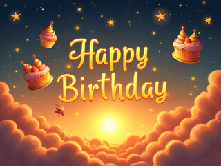 Radiant 'Happy Birthday' Greeting with Cupcakes and a Golden Sky