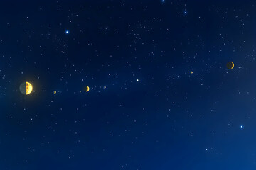 Celestial bodies align in a night sky filled with stars; a cosmic alignment, planets, moon phases, space, astronomy.