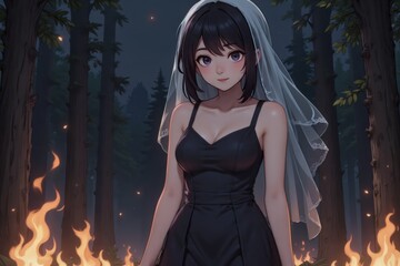 Fototapeta premium Gothic Anime Bride in Black Dress with Veil by Bonfire in Dark Forest: Fantasy, Magical, Ethereal, Wedding, Celebration, Night