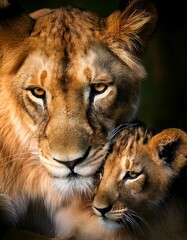 Fototapeta premium Una leona acaricia tiernamente a su cachorro; su vínculo de amor y fuerza se hace evidente en el primer plano.