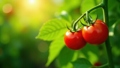 Sun-drenched tomato plants, vibrant green leaves, ripe red fruit , vibrant colors, botany, healthy