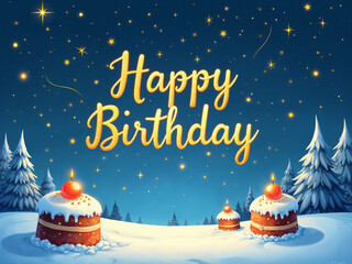 Winter Wonderland 'Happy Birthday' Greeting with Snowy Cakes and Stars