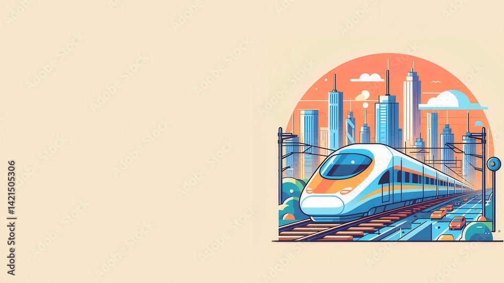 Aufkleber 高速鉄道が都市景観の中を疾走する未来的なイラスト 空と建物が背景に 鮮やかな青とオレンジのアクセント