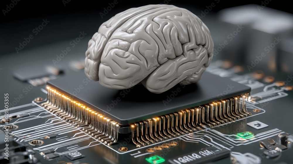 Poster brain on a circuit board with 3d graph emerging from chip highlighting ai analytics and realistic da