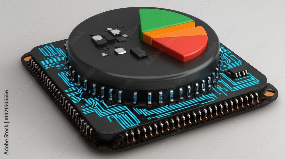 Poster intricate pie chart displayed on a circuit base illustrating integrated analytics and modern data in